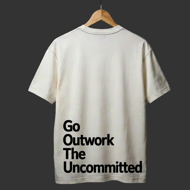 Back view of the off-white and black Fact T-shirts with motivational graphics