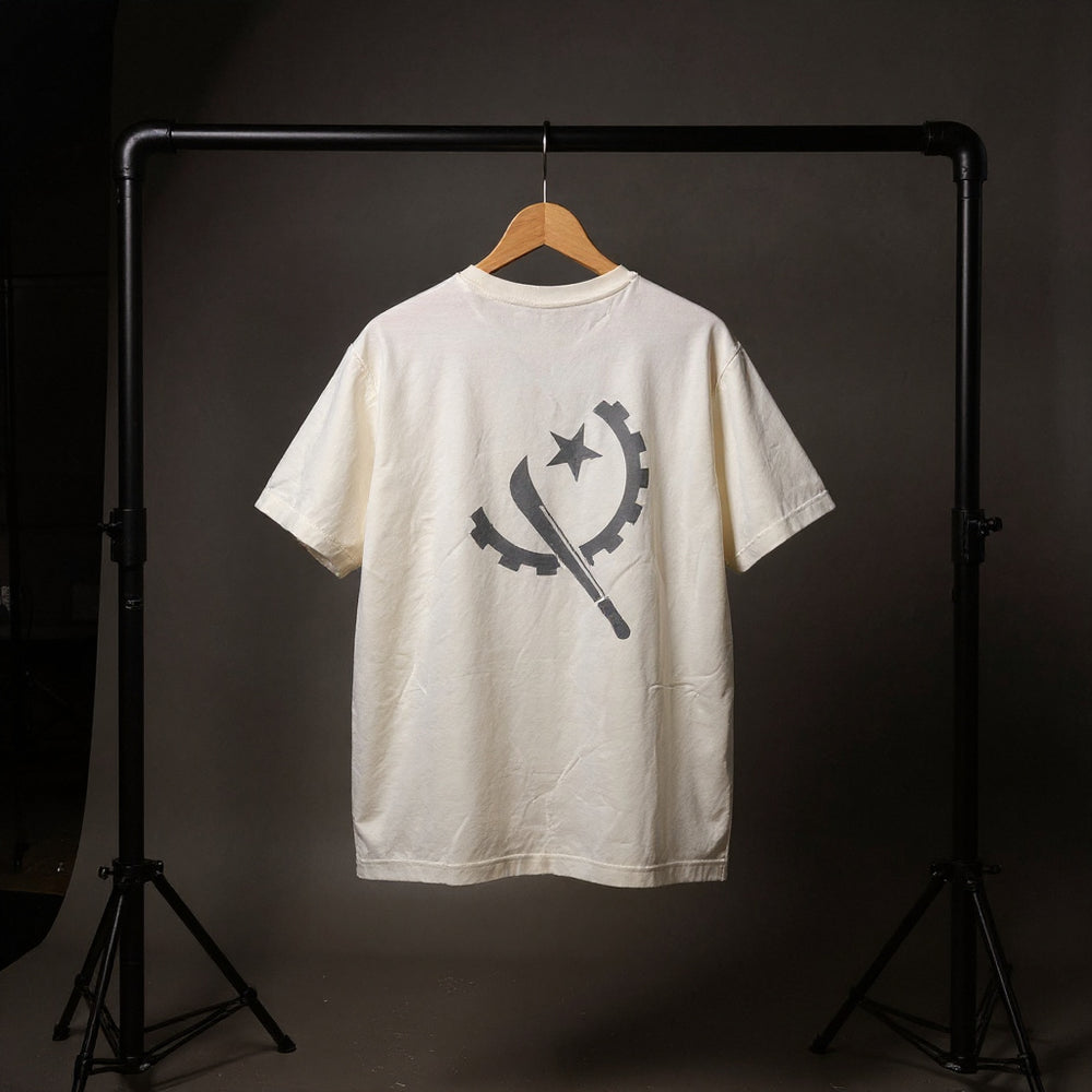 Back view of the off-white T da Banda T-shirt with Angola-inspired graphic