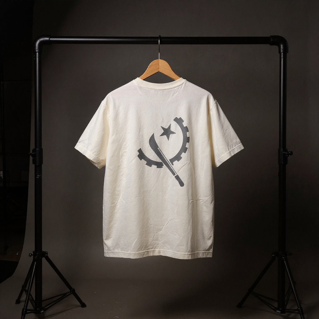 Back view of the off-white T da Banda T-shirt with Angola-inspired graphic
